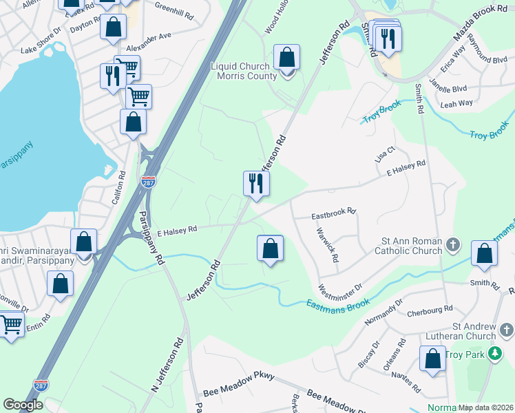 map of restaurants, bars, coffee shops, grocery stores, and more near 601 Jefferson Road in Parsippany-Troy Hills