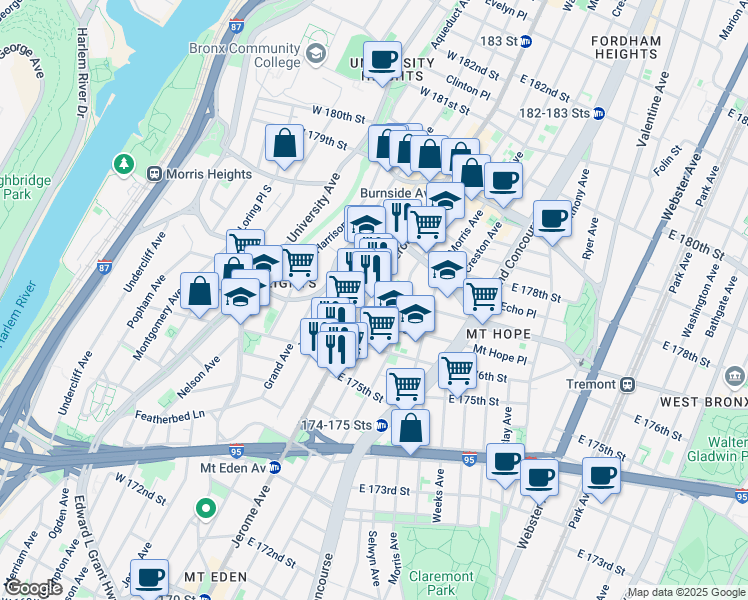 map of restaurants, bars, coffee shops, grocery stores, and more near 1876 Jerome Avenue in Bronx