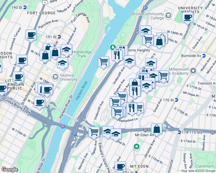 map of restaurants, bars, coffee shops, grocery stores, and more near 1655 Undercliff Avenue in Bronx