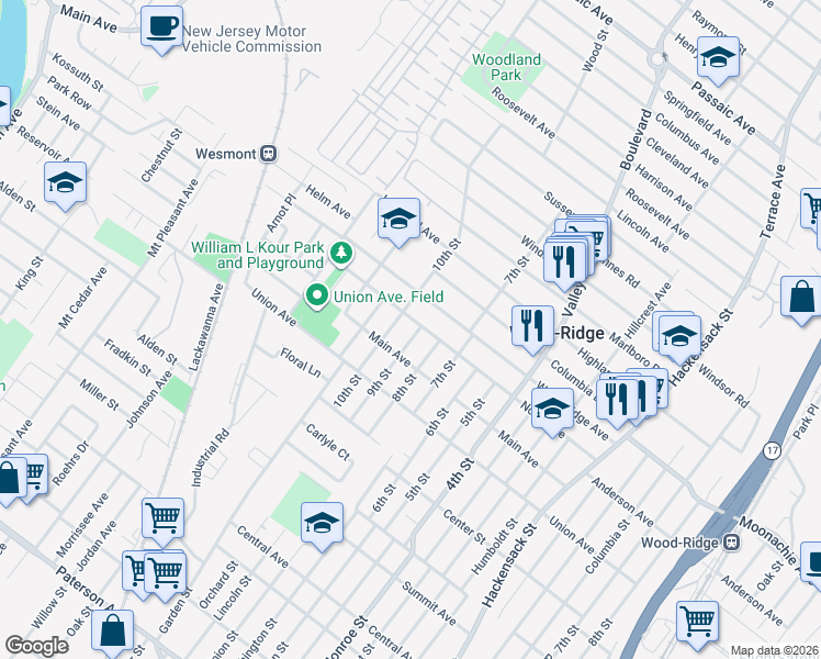 map of restaurants, bars, coffee shops, grocery stores, and more near 148 9th Street in Wood-Ridge