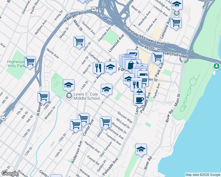 map of restaurants, bars, coffee shops, grocery stores, and more near 290 Whiteman Street in Fort Lee