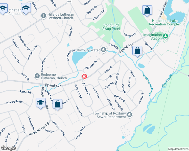 map of restaurants, bars, coffee shops, grocery stores, and more near 28 Bass Drive in Roxbury Township