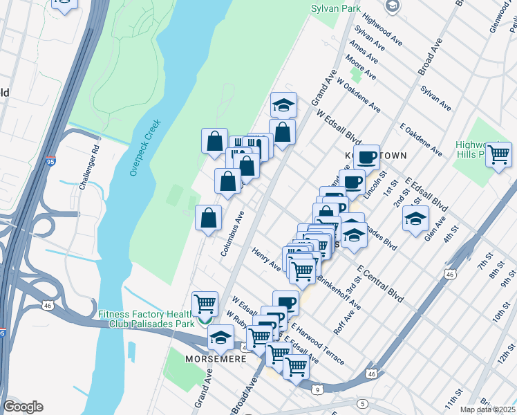 map of restaurants, bars, coffee shops, grocery stores, and more near 239 Grand Avenue in Palisades Park