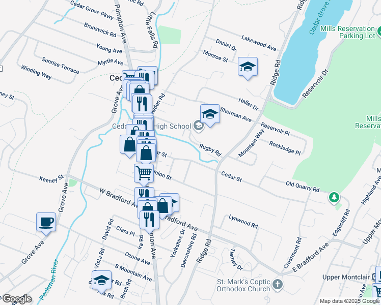 map of restaurants, bars, coffee shops, grocery stores, and more near 94 Cedar Street in Cedar Grove
