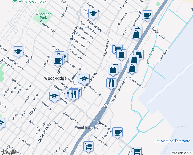 map of restaurants, bars, coffee shops, grocery stores, and more near 304 Hackensack Street in Wood-Ridge