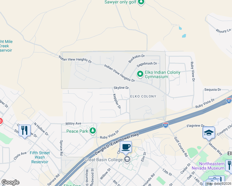 map of restaurants, bars, coffee shops, grocery stores, and more near 1301 Parkview Drive in Elko