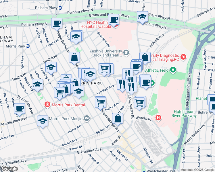map of restaurants, bars, coffee shops, grocery stores, and more near 1656 Hering Avenue in Bronx