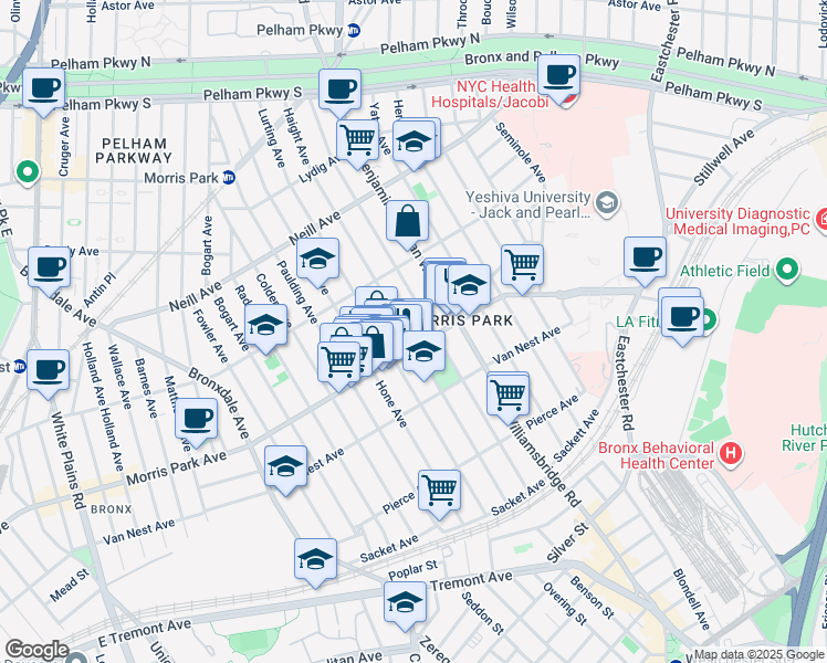 map of restaurants, bars, coffee shops, grocery stores, and more near 1701 Tomlinson Avenue in Bronx