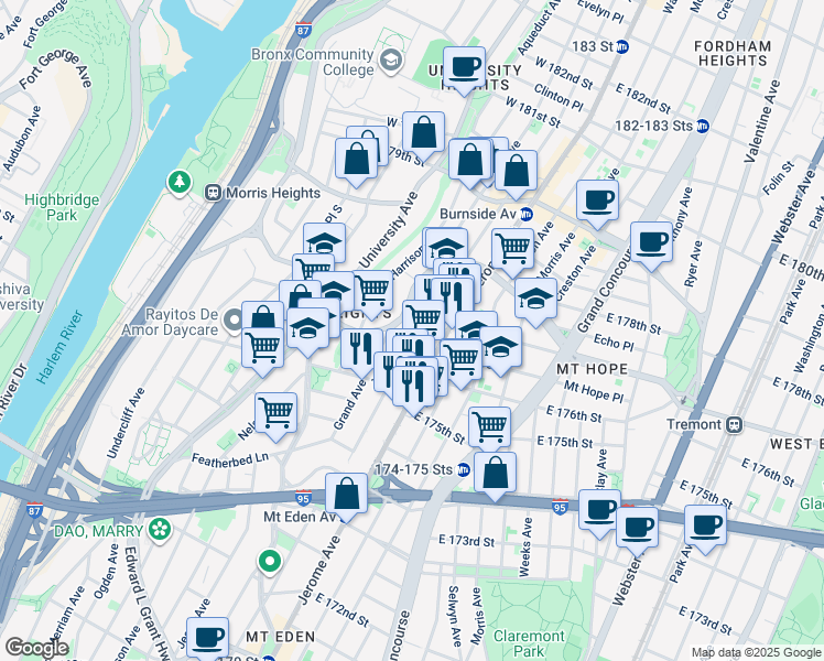 map of restaurants, bars, coffee shops, grocery stores, and more near 1801 Davidson Avenue in The Bronx