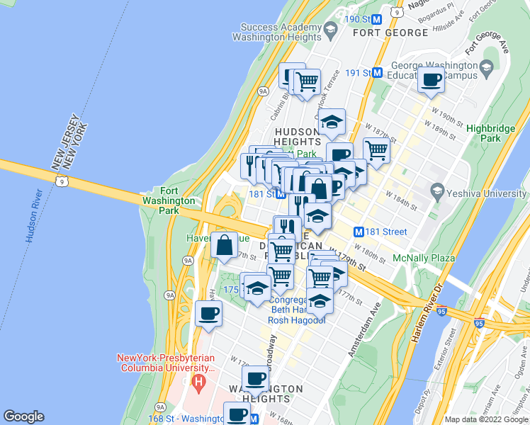 map of restaurants, bars, coffee shops, grocery stores, and more near in New York