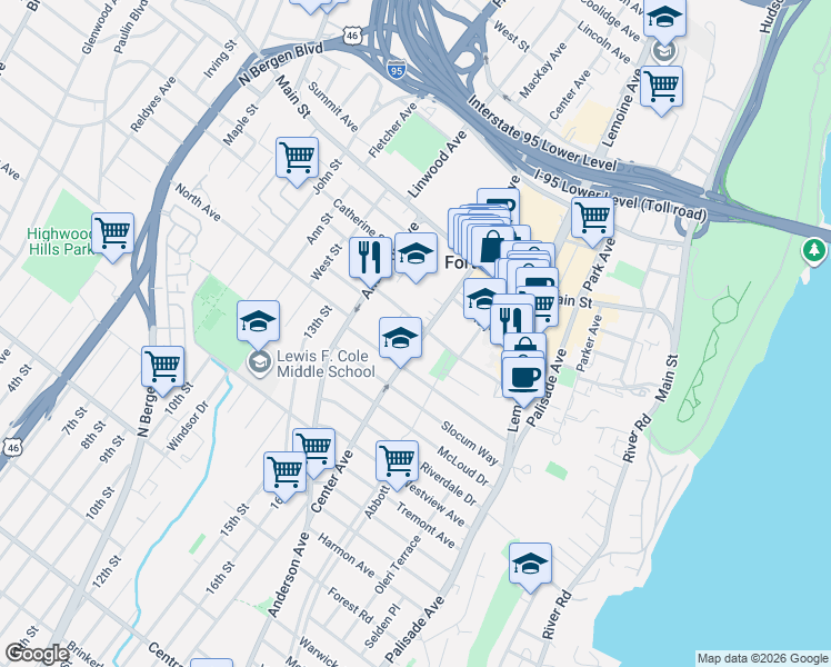 map of restaurants, bars, coffee shops, grocery stores, and more near 290 Whiteman Street in Fort Lee