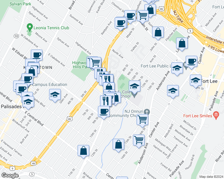 map of restaurants, bars, coffee shops, grocery stores, and more near 1412 Bergen Boulevard in Fort Lee