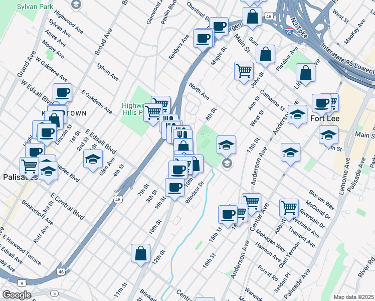 map of restaurants, bars, coffee shops, grocery stores, and more near 1412 Bergen Boulevard in Fort Lee