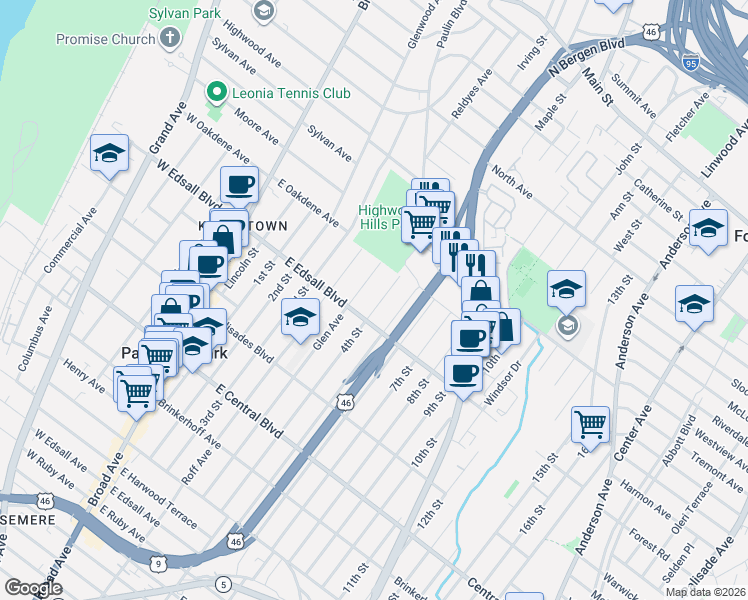 map of restaurants, bars, coffee shops, grocery stores, and more near 500 4th Street in Palisades Park