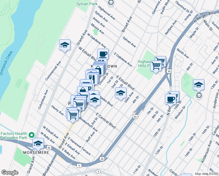 map of restaurants, bars, coffee shops, grocery stores, and more near 428 2nd Street in Palisades Park