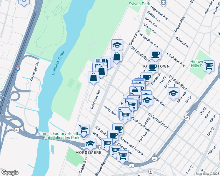 map of restaurants, bars, coffee shops, grocery stores, and more near 265 Hillside Avenue in Palisades Park