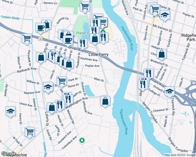map of restaurants, bars, coffee shops, grocery stores, and more near 25 Main Street in Hackensack
