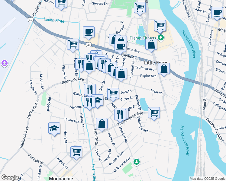 map of restaurants, bars, coffee shops, grocery stores, and more near 47 Center Street in Little Ferry