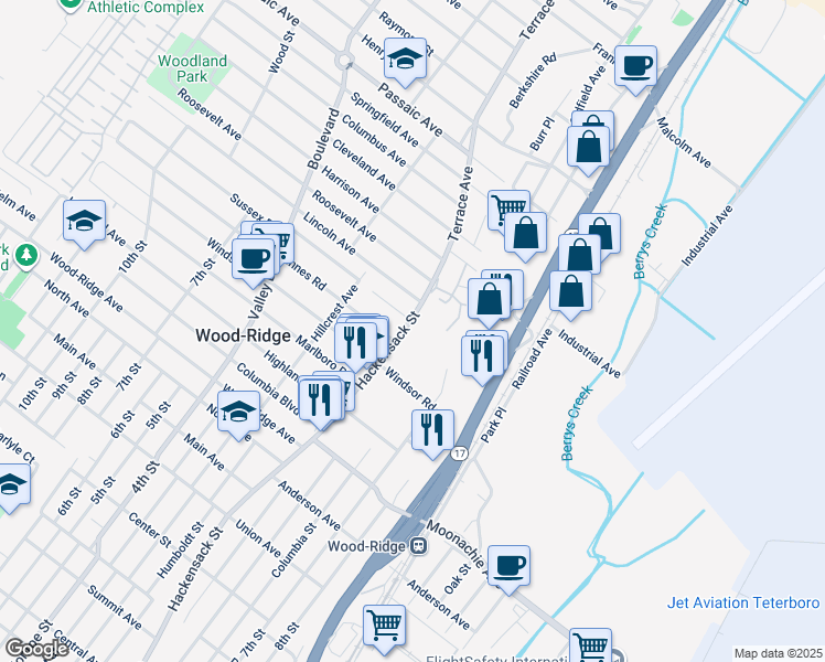 map of restaurants, bars, coffee shops, grocery stores, and more near 304 Hackensack Street in Wood-Ridge