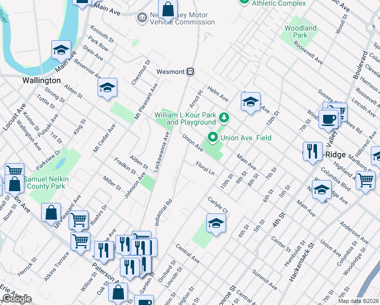 map of restaurants, bars, coffee shops, grocery stores, and more near 217 Floral Lane in Wood-Ridge