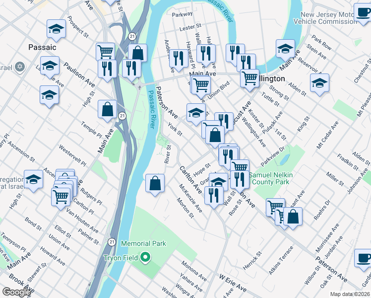 map of restaurants, bars, coffee shops, grocery stores, and more near 82 Union Street in East Rutherford
