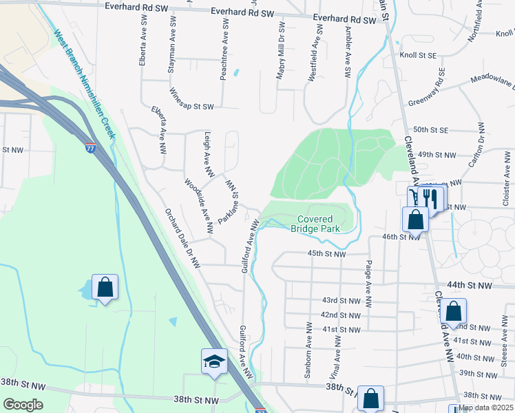 map of restaurants, bars, coffee shops, grocery stores, and more near 4517 Guilford Ave NW in Canton