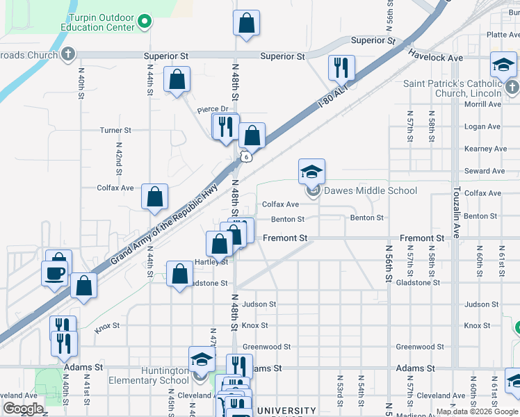 map of restaurants, bars, coffee shops, grocery stores, and more near 3635 North 49th Street in Lincoln