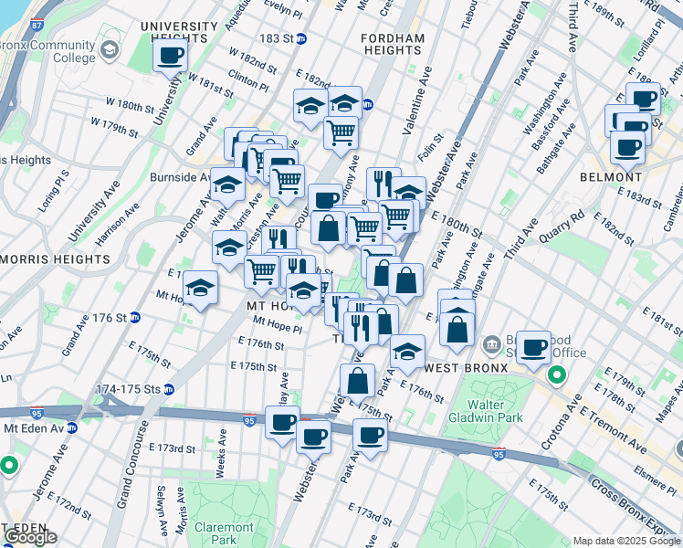 map of restaurants, bars, coffee shops, grocery stores, and more near 315 Echo Place in The Bronx