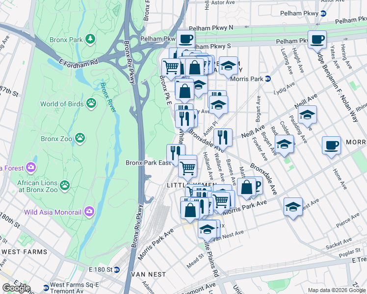 map of restaurants, bars, coffee shops, grocery stores, and more near 1990 White Plains Road in The Bronx