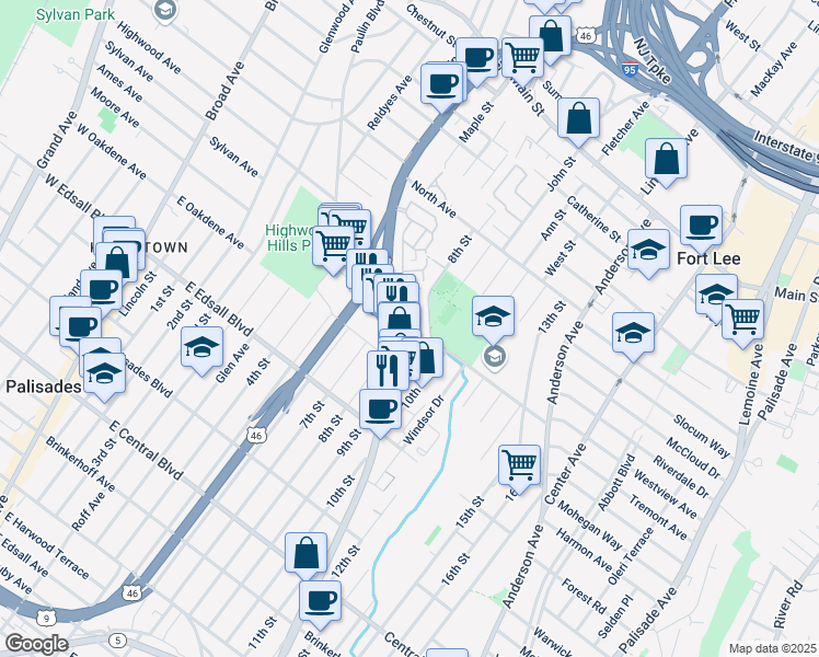 map of restaurants, bars, coffee shops, grocery stores, and more near 1412 Bergen Boulevard in Fort Lee