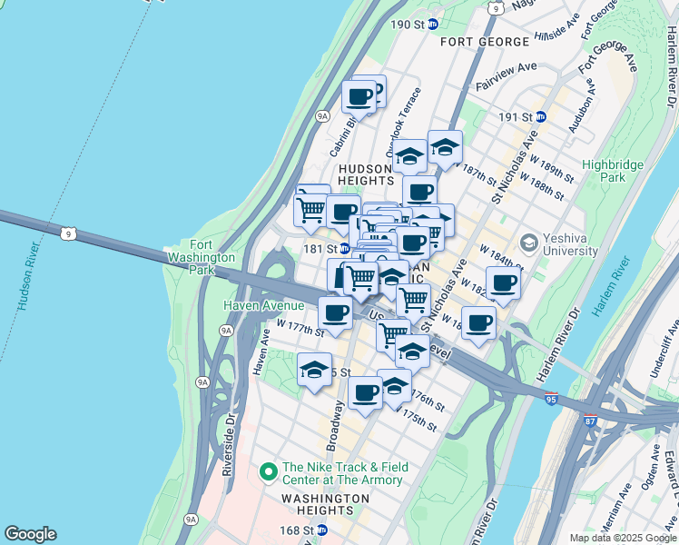 map of restaurants, bars, coffee shops, grocery stores, and more near Fort Washington Ave & W 180th St in New York