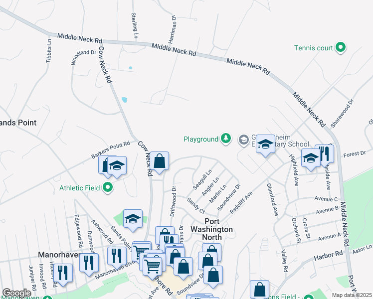 map of restaurants, bars, coffee shops, grocery stores, and more near 97 Soundview Drive in Port Washington