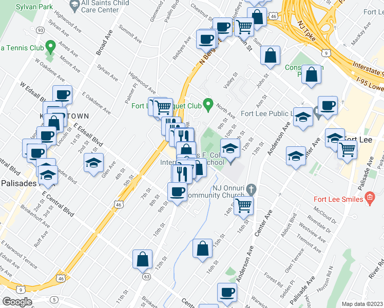 map of restaurants, bars, coffee shops, grocery stores, and more near 1412 Bergen Boulevard in Fort Lee
