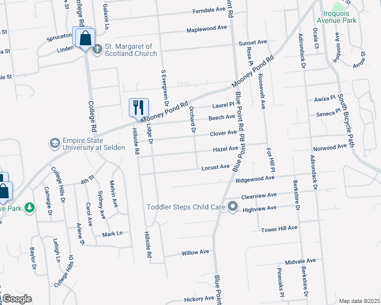 map of restaurants, bars, coffee shops, grocery stores, and more near 49 Hazel Avenue in Farmingville