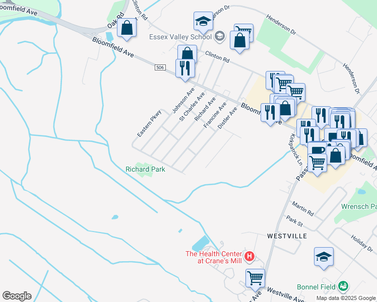 map of restaurants, bars, coffee shops, grocery stores, and more near 72 Francine Avenue in West Caldwell