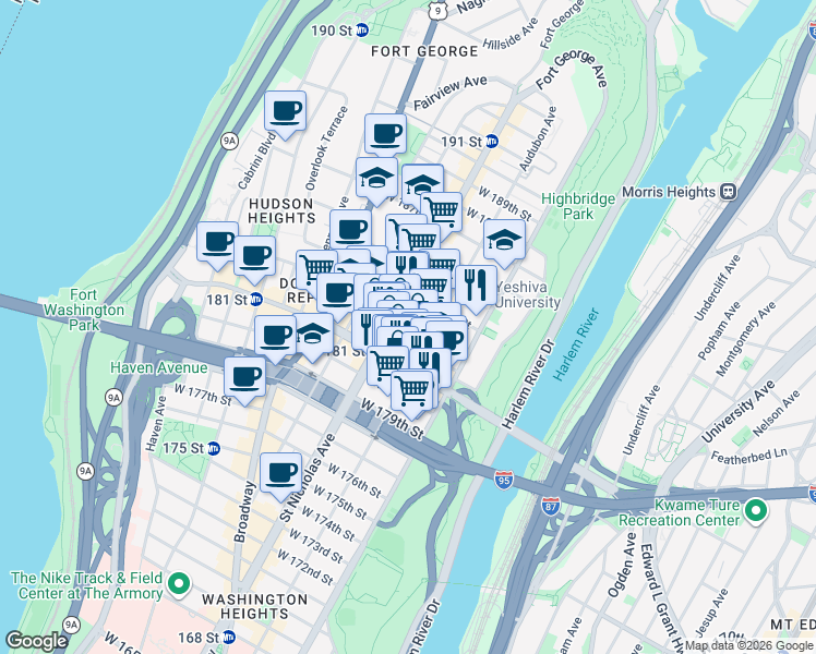 map of restaurants, bars, coffee shops, grocery stores, and more near 570 West 183rd Street in New York