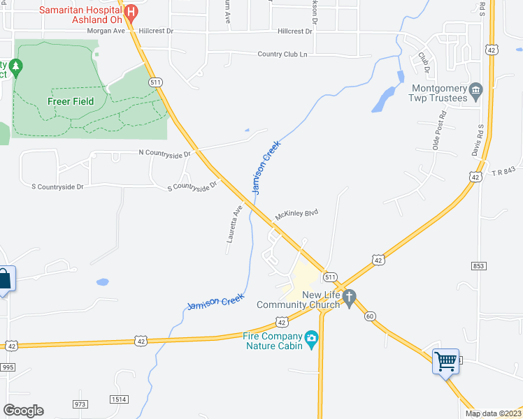 map of restaurants, bars, coffee shops, grocery stores, and more near 1923 Center Street in Ashland