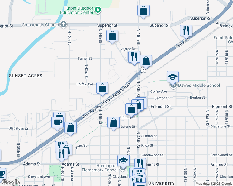 map of restaurants, bars, coffee shops, grocery stores, and more near Cornhusker Highway in Lincoln