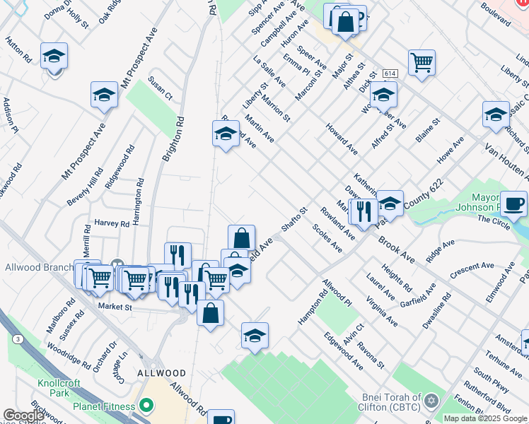 map of restaurants, bars, coffee shops, grocery stores, and more near 750 Shafto Street in Clifton