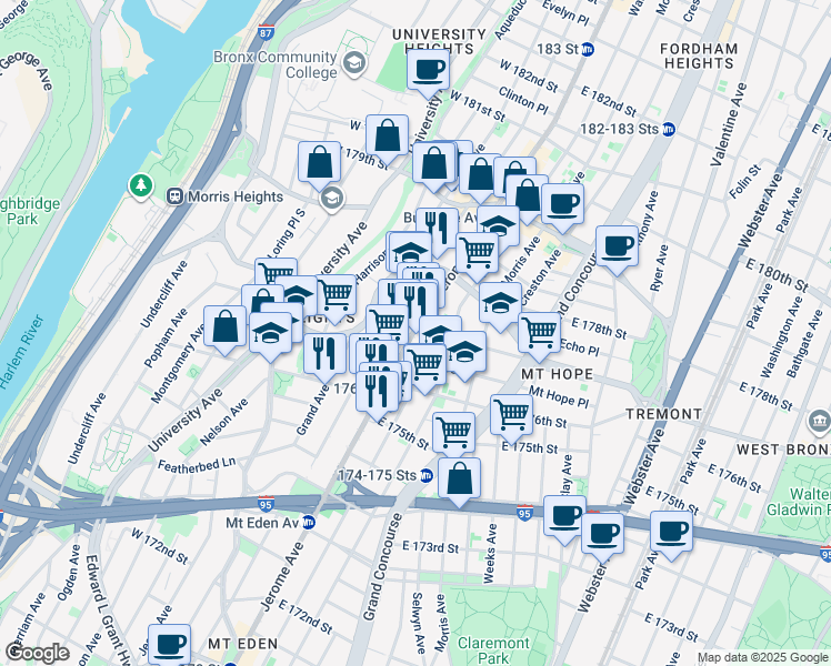 map of restaurants, bars, coffee shops, grocery stores, and more near 1876 Jerome Avenue in Bronx