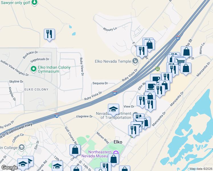 map of restaurants, bars, coffee shops, grocery stores, and more near 1702 Joshua Circle in Elko