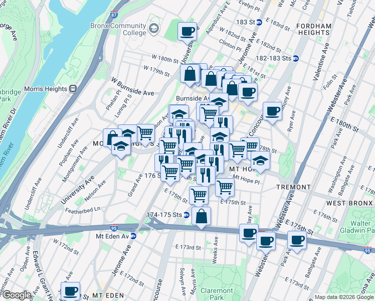 map of restaurants, bars, coffee shops, grocery stores, and more near 1895 Walton Avenue in Bronx
