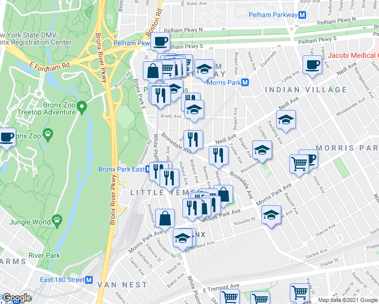 map of restaurants, bars, coffee shops, grocery stores, and more near Bronxdale Ave & Wallace Ave in Bronx