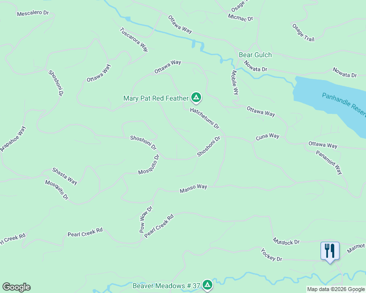 map of restaurants, bars, coffee shops, grocery stores, and more near 1386 Shoshoni Drive in Red Feather Lakes