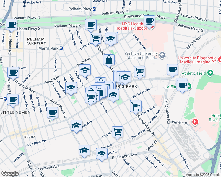 map of restaurants, bars, coffee shops, grocery stores, and more near 1701 Tomlinson Avenue in Bronx