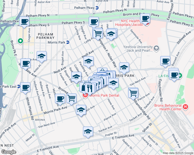 map of restaurants, bars, coffee shops, grocery stores, and more near 1825 Hone Avenue in Bronx