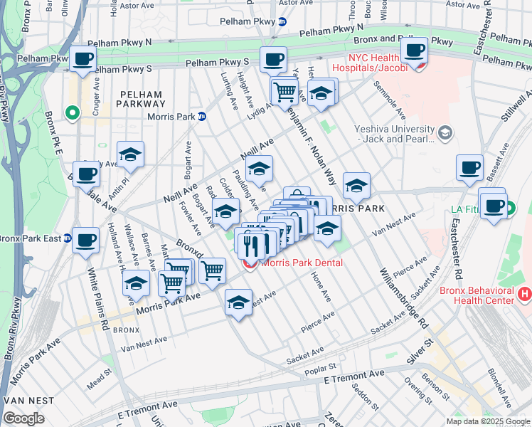 map of restaurants, bars, coffee shops, grocery stores, and more near 1850 Colden Avenue in Bronx