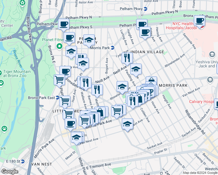 map of restaurants, bars, coffee shops, grocery stores, and more near 1912 Muliner Avenue in Bronx