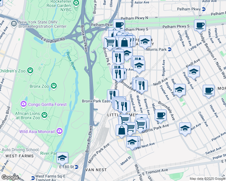 map of restaurants, bars, coffee shops, grocery stores, and more near 1944 Unionport Road in Bronx