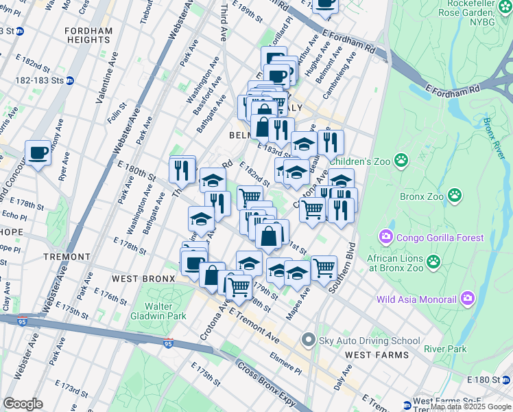 map of restaurants, bars, coffee shops, grocery stores, and more near 681 East 181st Street in Bronx